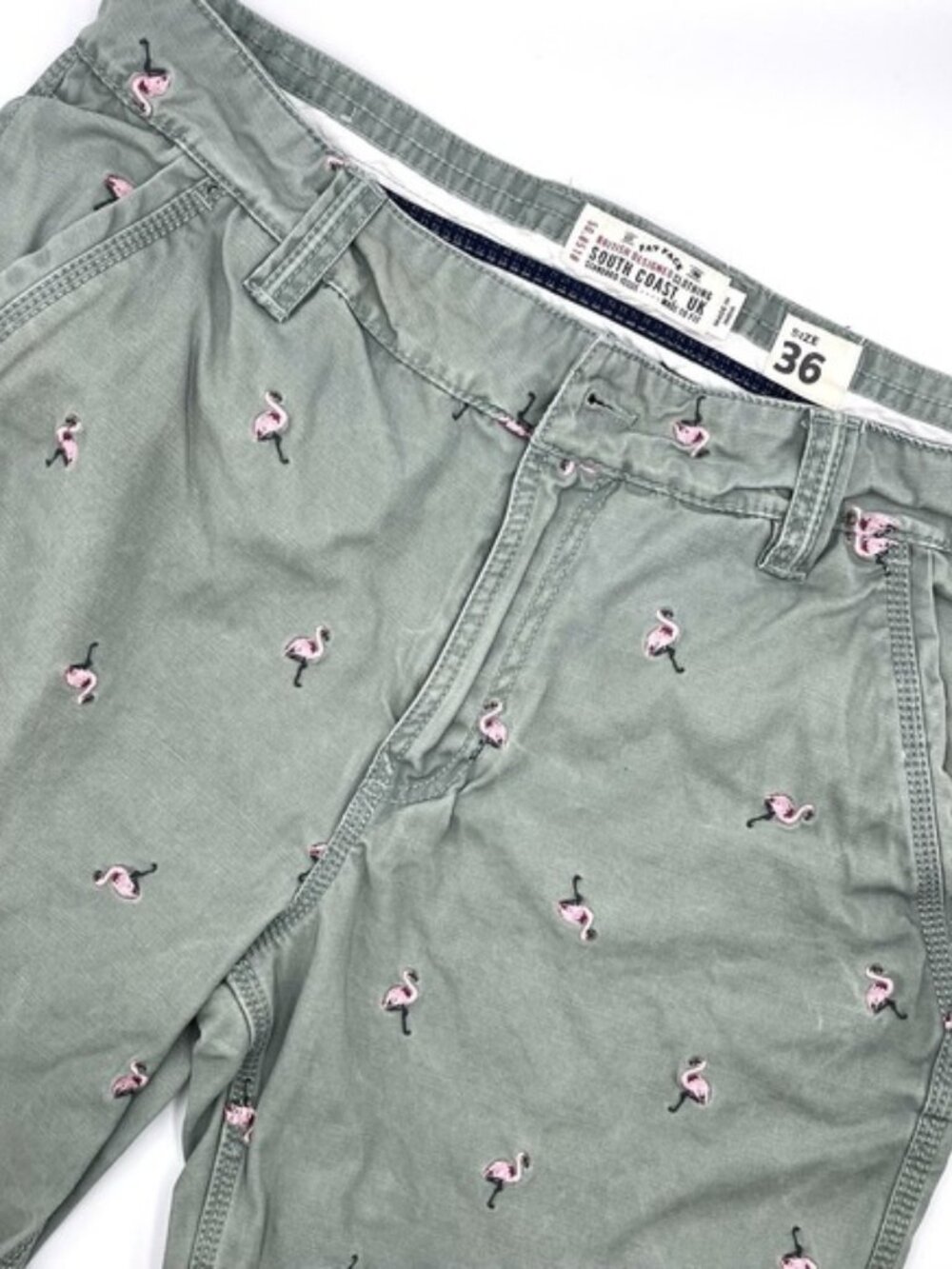 Fat Face Men's Waist 36 Shorts‎ Green All Over Flamingo Print Slash Pockets